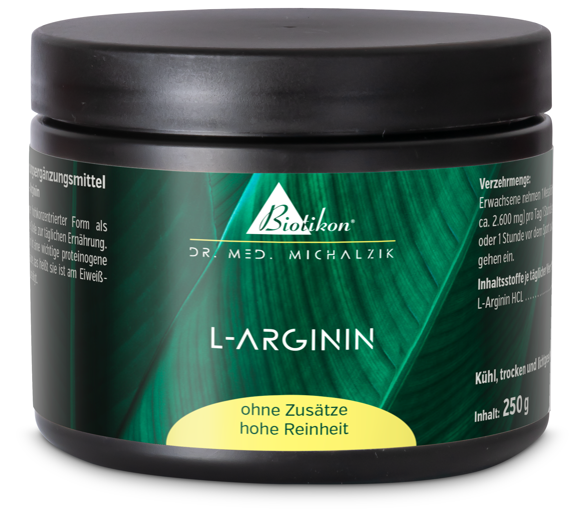L-Arginine 250 g – Poudre L-Arginine sous forme de poudre, contenant 250 g, emballage noir avec accents verts, vue de côté.