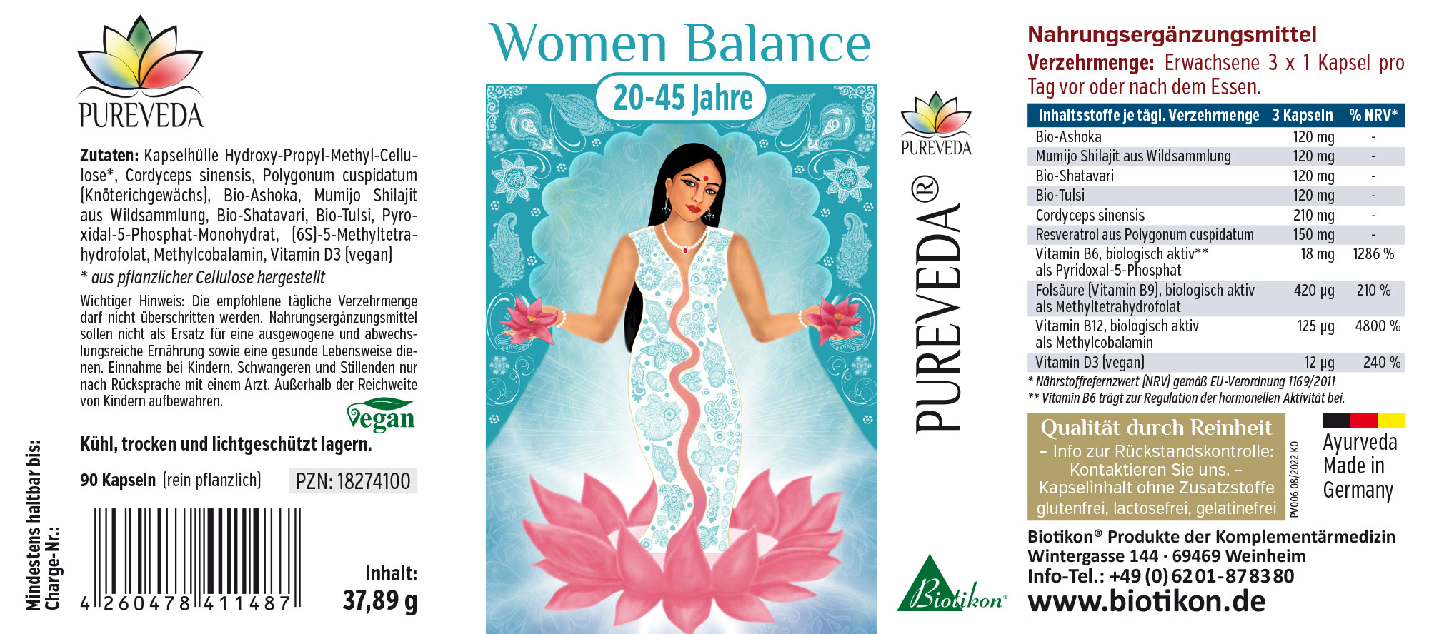 Équilibre Féminin – 90 Capsules Compléments alimentaires en emballage de 90 capsules, avec illustration colorée et liste des ingrédients détaillée.