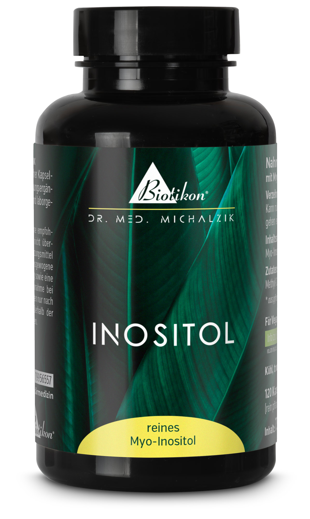 Inositol 120 Capsules – Myo-Inositol Pur Bouteille de capsules noires contenant 120 capsules, étiquette verte et jaune, vue de face