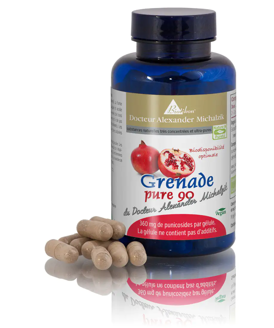 Grenade 360 mg – Capsules Bouteille bleue avec des capsules de grenade, 360 mg par capsule, plusieurs capsules au premier plan.