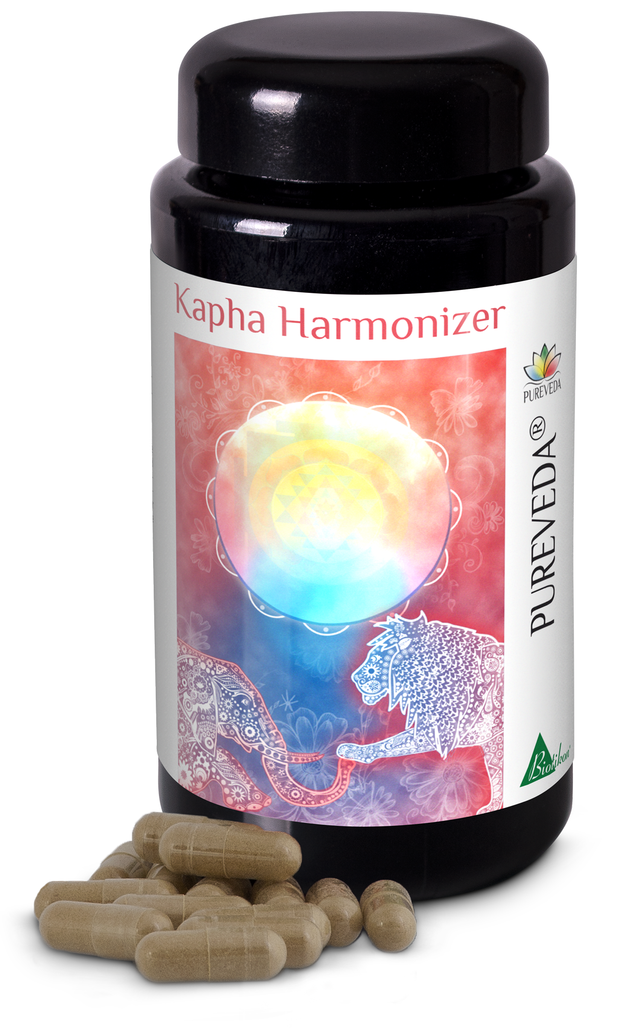 Capsules Kapha Harmonizer - Support Bien-Être Naturel Capsules Kapha Harmonizer dans une bouteille noire, capsules beiges avec une étiquette colorée.