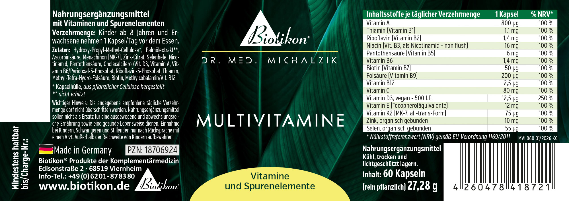 Emballage contenant 60 capsules de multivitamines végétaliennes