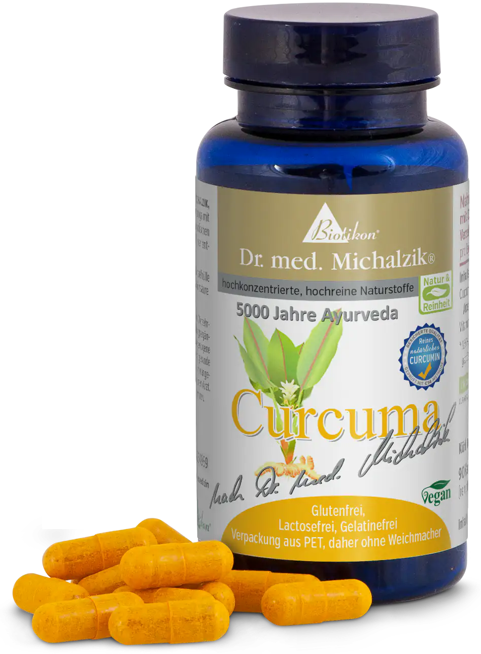 Curcuma 500 mg - Gélules Complément alimentaire végan à base de curcuma dans une bouteille bleue, 90 gélules, jaune, avec des gélules individuelles à côté.