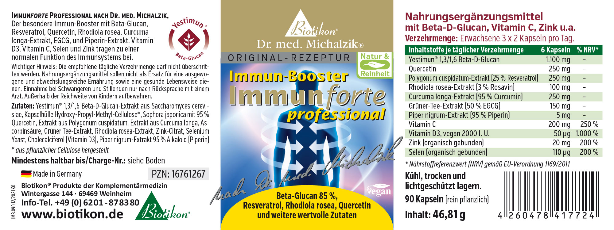 Immunforce Professionnel – 90 Capsules Complément alimentaire Immunboost avec Beta-Glucan et vitamines, 90 capsules, végan et à base de plantes.