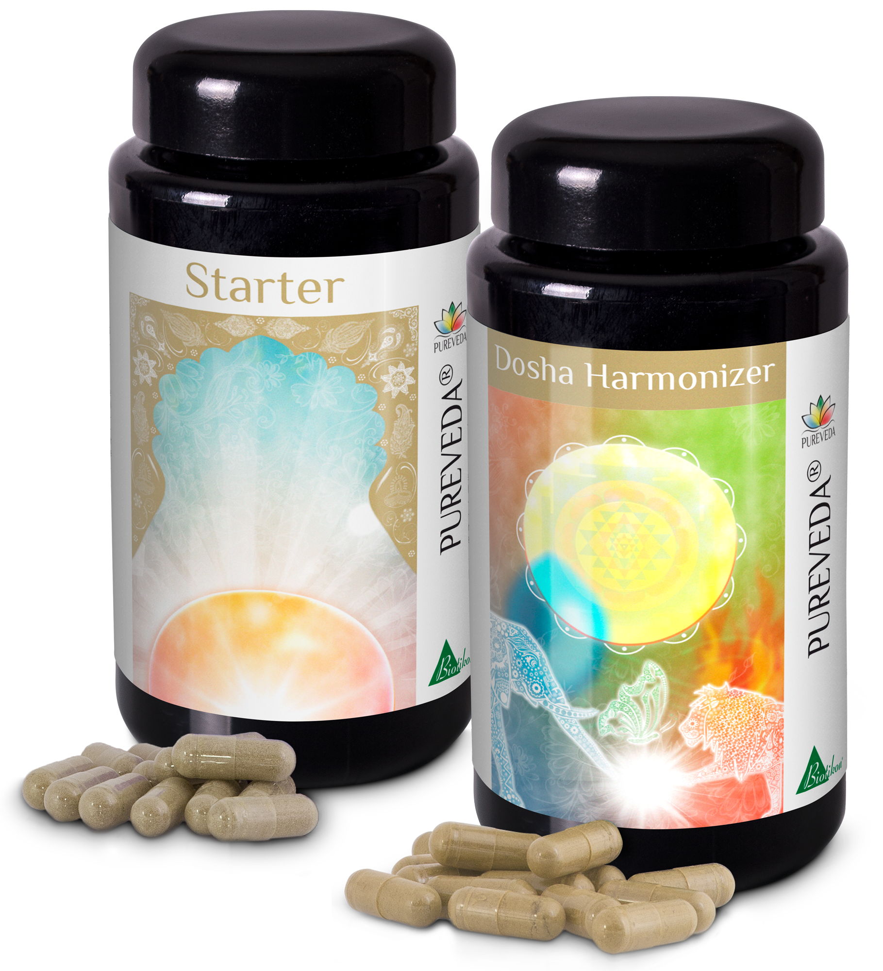 Complément Herbacé – Capsules Deux bouteilles de capsules : Start et Harmoniseur de Dosha, dans des contenants noirs, avec plusieurs capsules au premier plan.