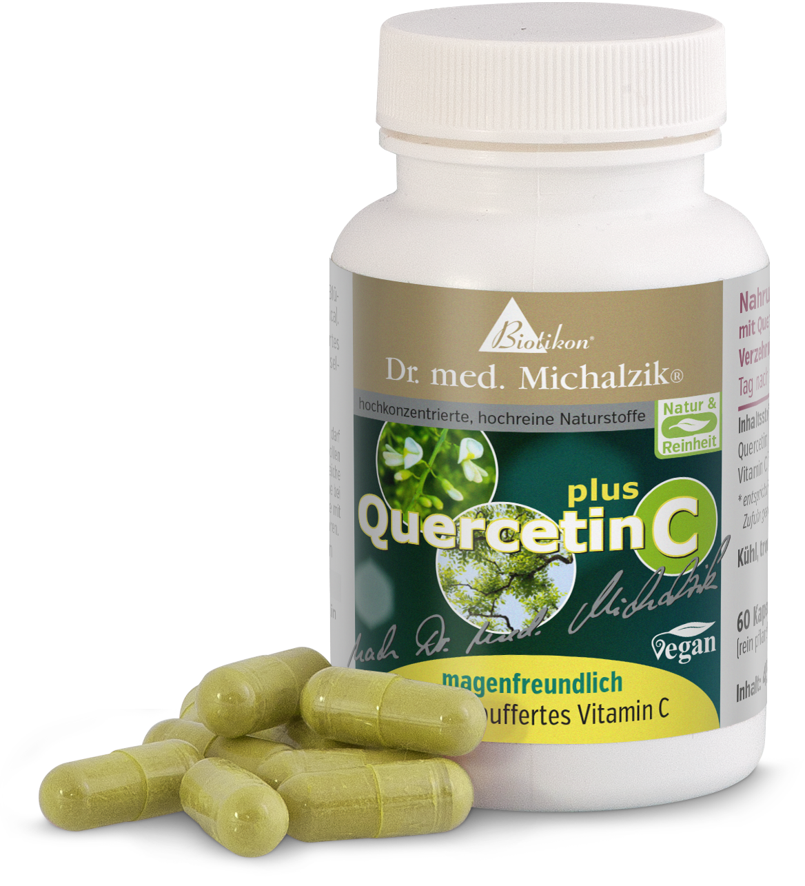 Quercétine C 300 mg – Capsules Capsules contenant de la quercétine C, 60 pièces dans une bouteille blanche, capsules vertes, véganes.