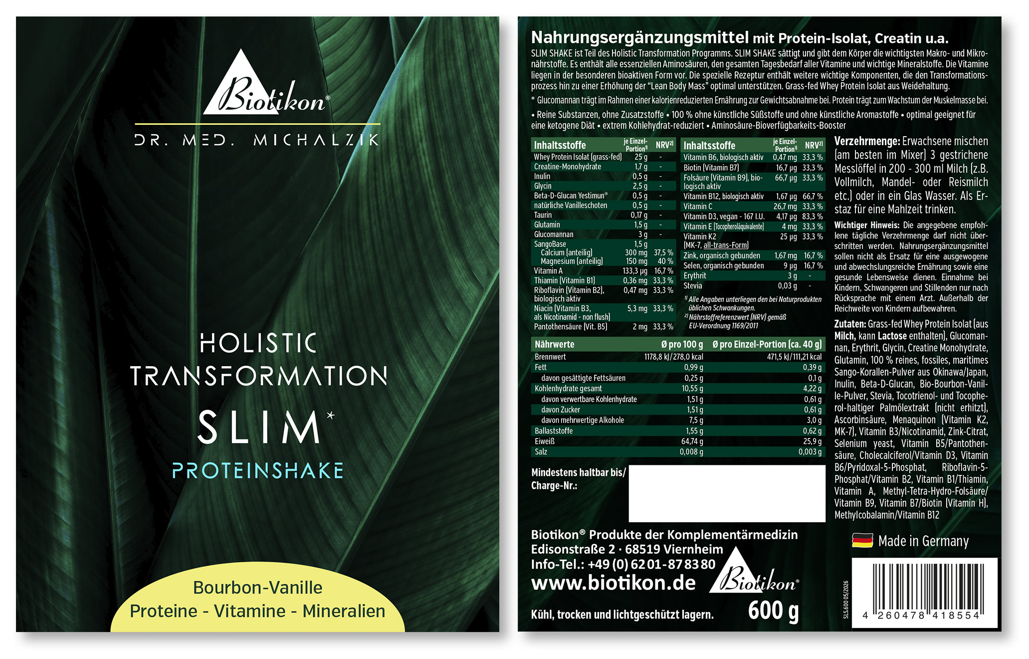 Poudre de protéines au goût vanille bourbon Slim Shake, emballage de 600 g, emballage vert avec tableau nutritionnel.