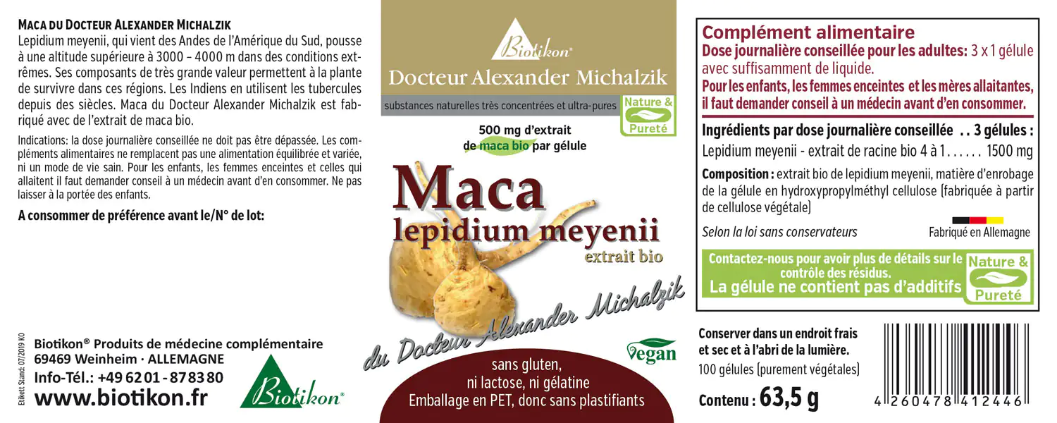 Maca Lepidium Meyenii – Capsules de 500 mg 100 capsules de gel végétal de l'extrait de Maca dans un emballage PET, capsules brun-jaunâtre.