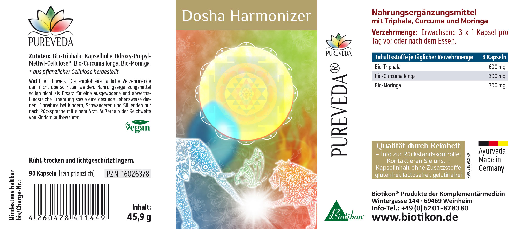 Harmoniseur de Dosha – 90 Capsules Complément avec Triphala bio, Curcuma et Moringa, 90 capsules végétales dans un emballage coloré.