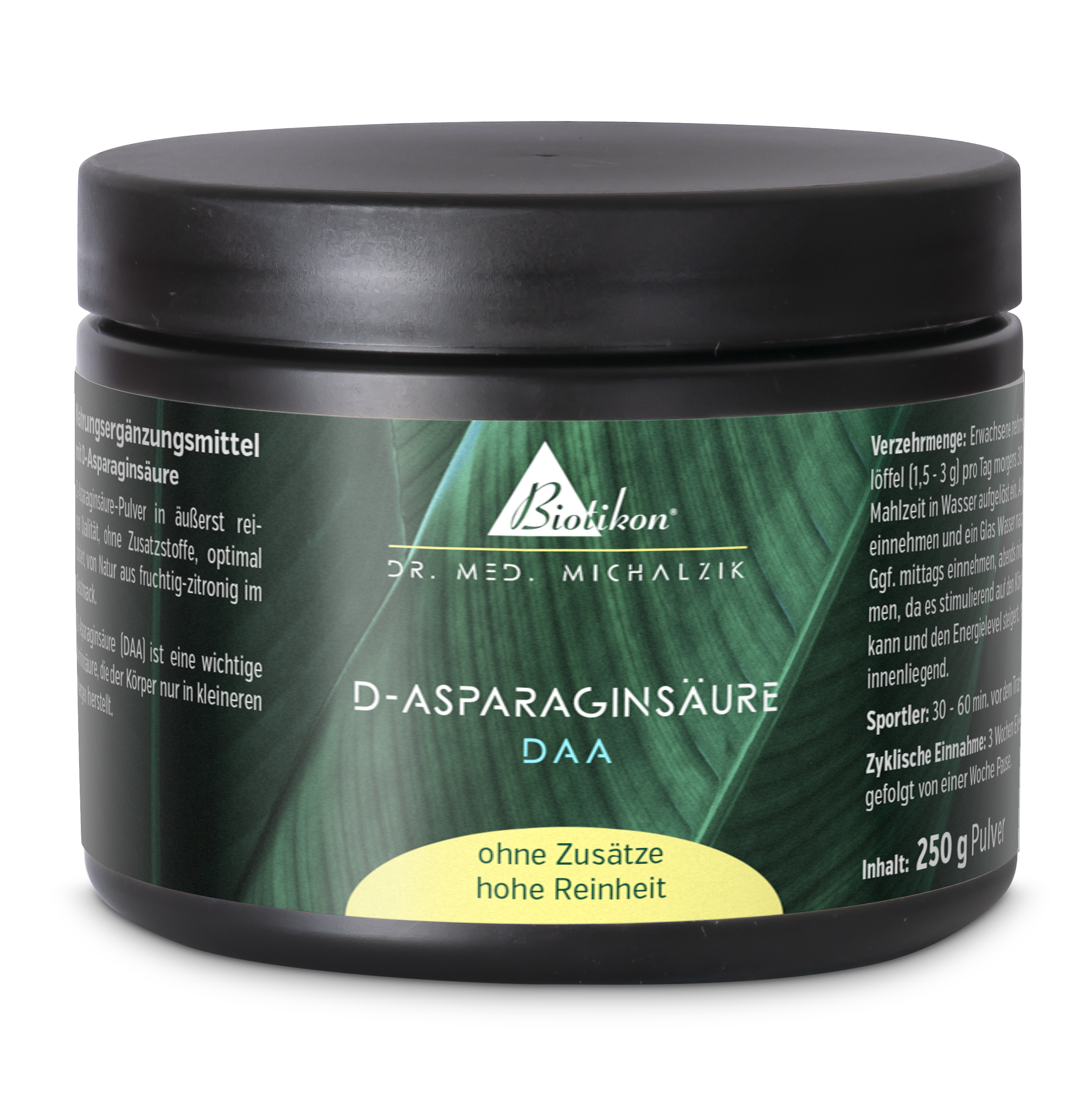 Poudre d'acide D-aspartique dans un contenant noir, 250g, vue latérale, haute pureté, sans additifs.