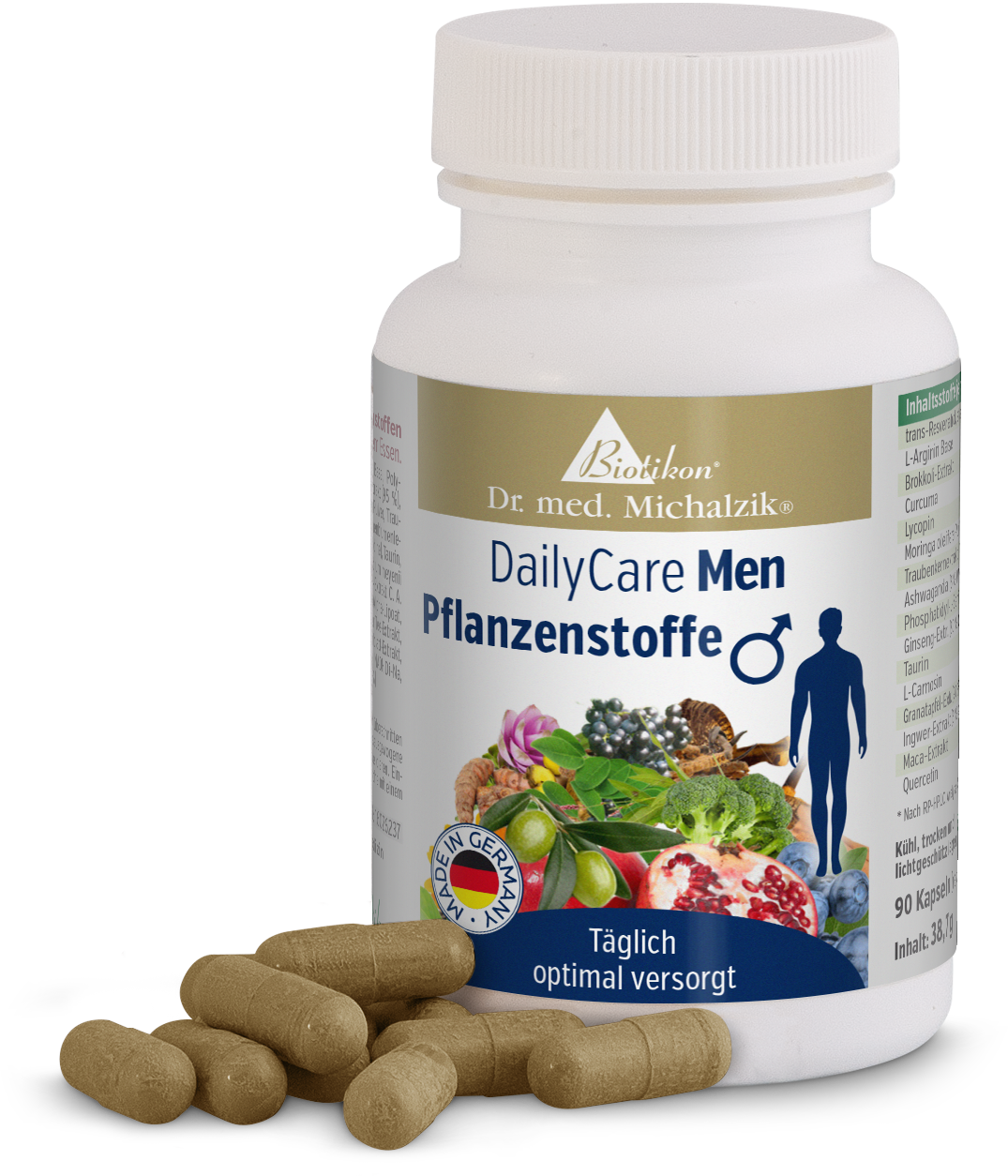 DailyCare Men - Capsules à base de plantes Bouteille contenant 90 capsules beige à base de plantes, DailyCare Men pour hommes, vue de face.