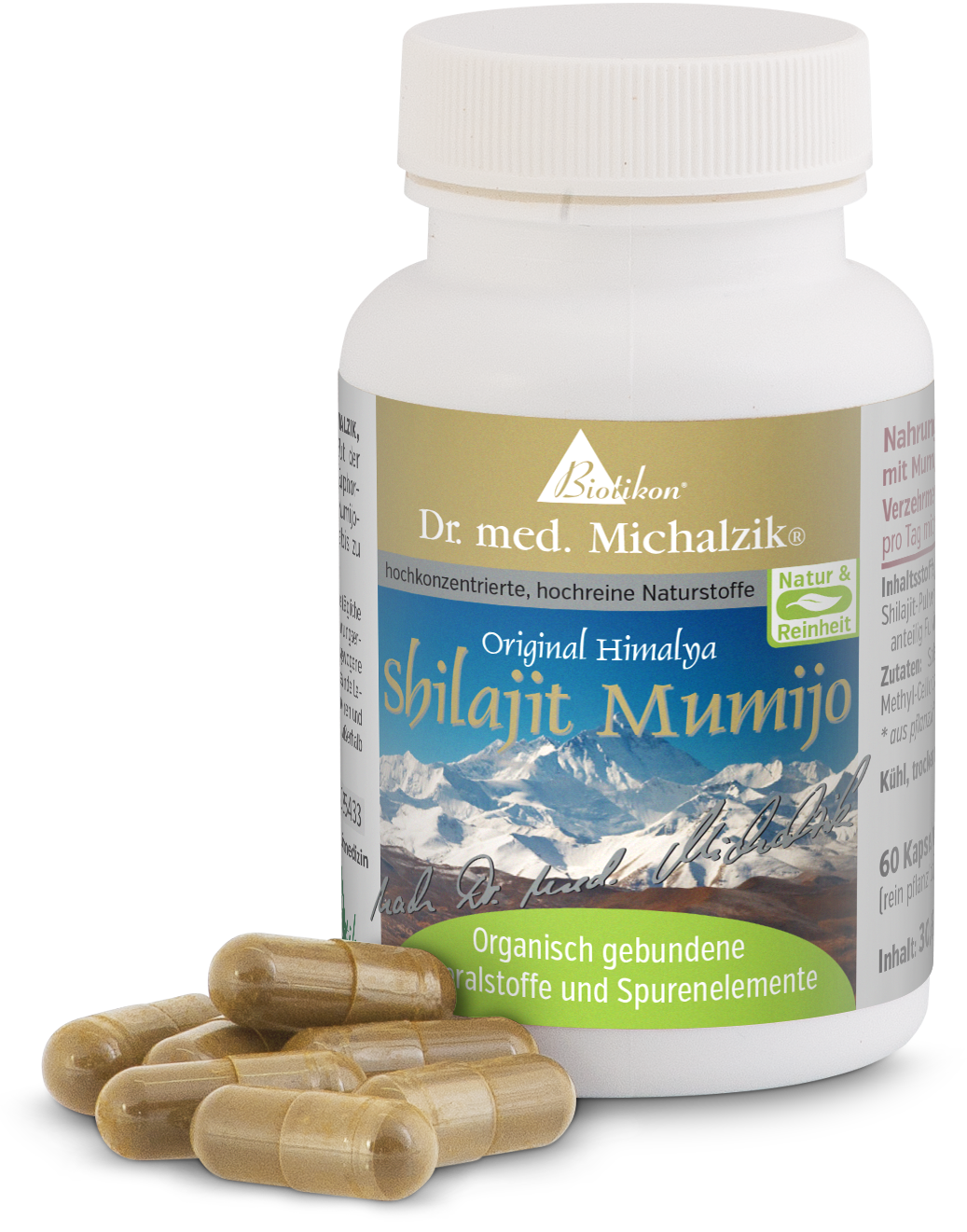 Shilajit Mumijo – 60 Capsules Shilajit Mumijo en capsules, 60 pièces, container blanc, capsules marron, vue de face.