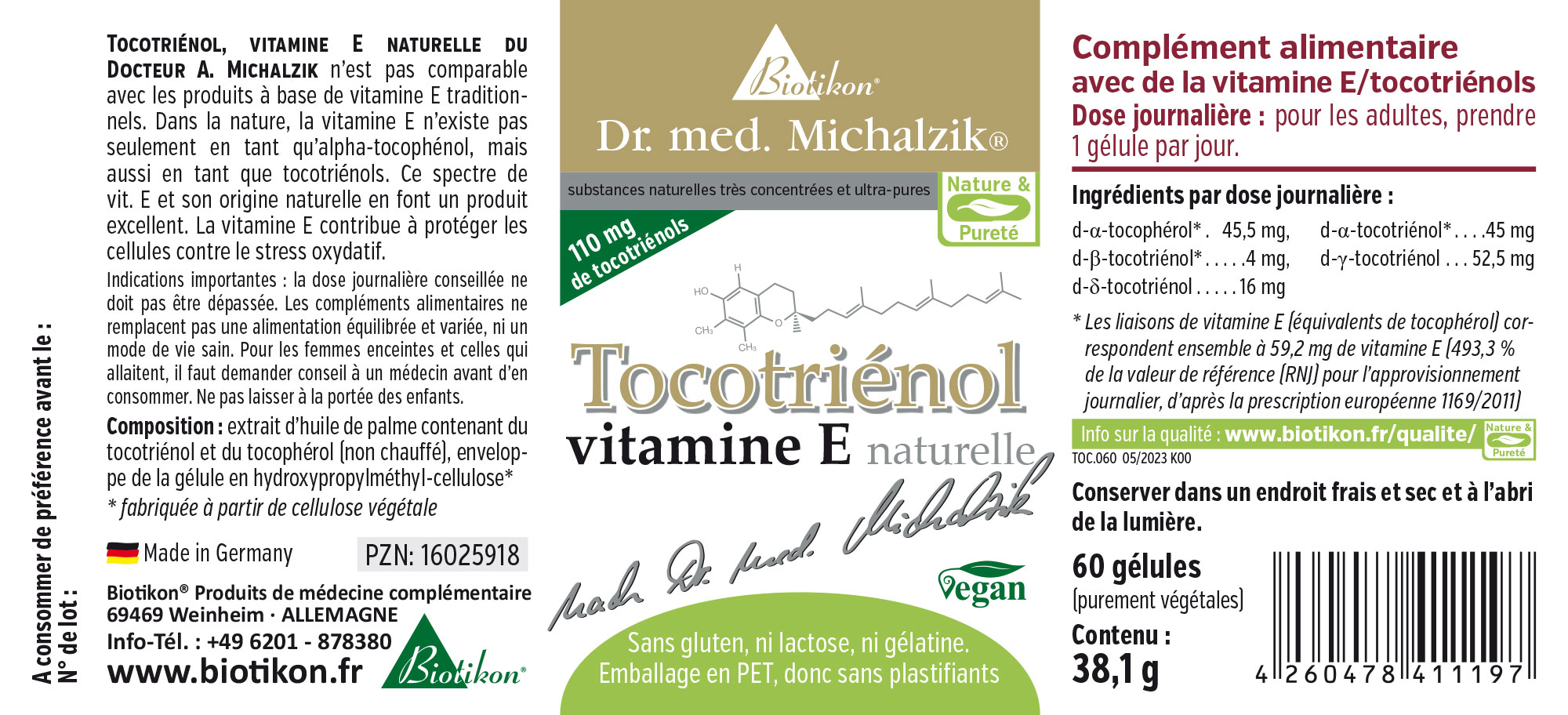 Tocotrienol 110 mg - Capsules Tocotrienol, vitamine E naturelle, 60 capsules en emballage PET, végan, couleur verte et dorée