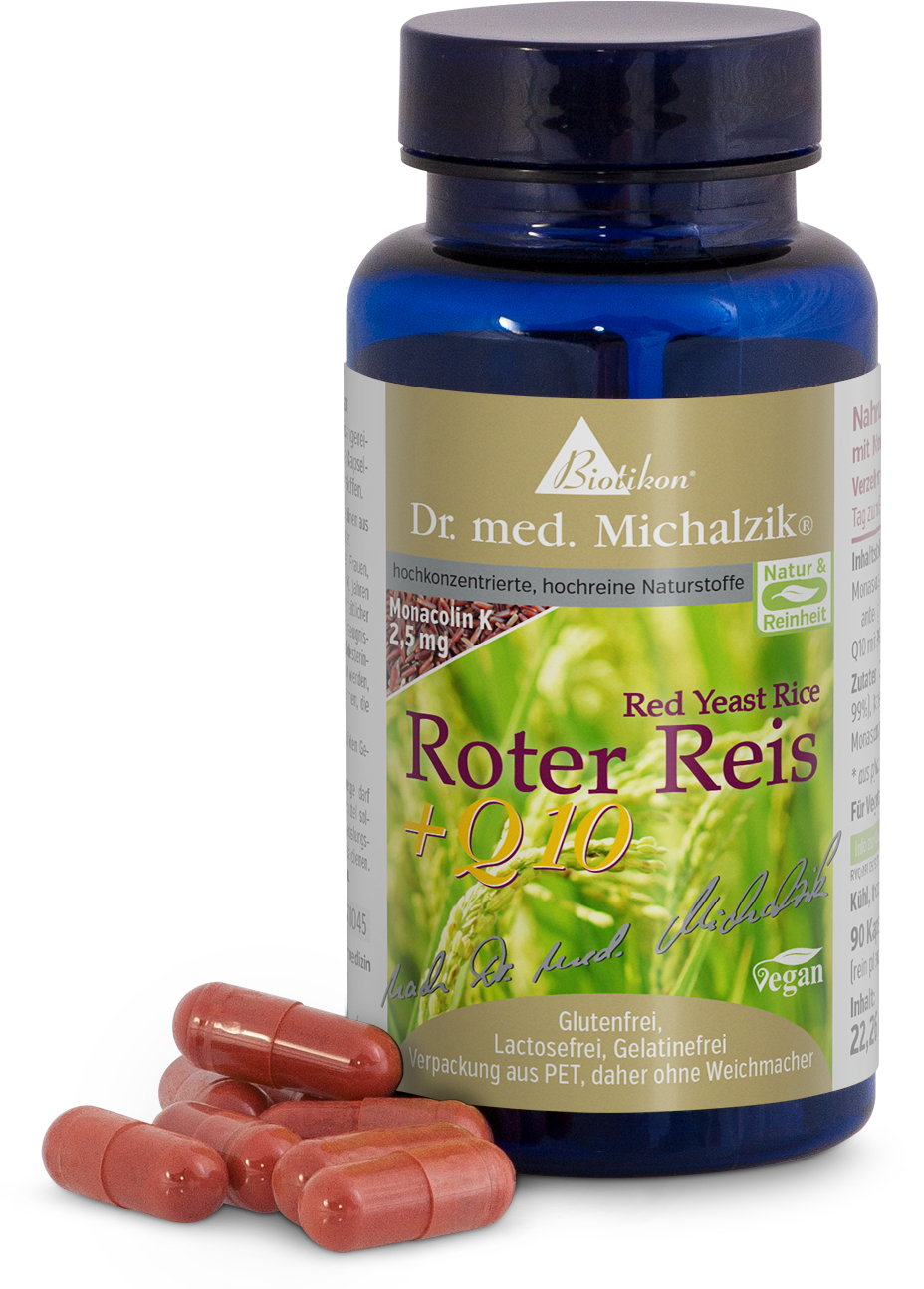 Riz Rouge + Q10 – Capsules 90 Compte Bouteille avec capsules rouges, 90 compte, supplément végétalien, emballage PET, vue latérale.