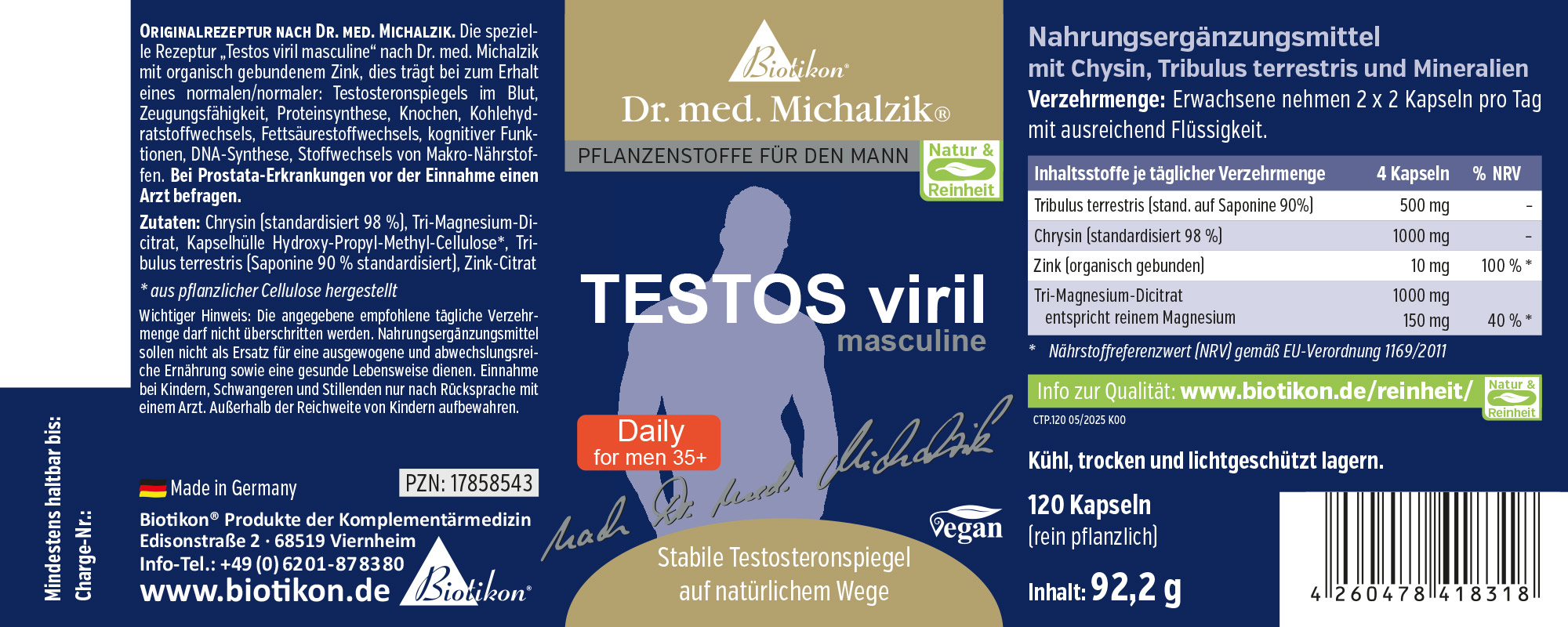 Testos Viril - 120 Capsules Complément alimentaire dans un emballage bleu, 120 capsules végétales, soutient des niveaux de testostérone sains.