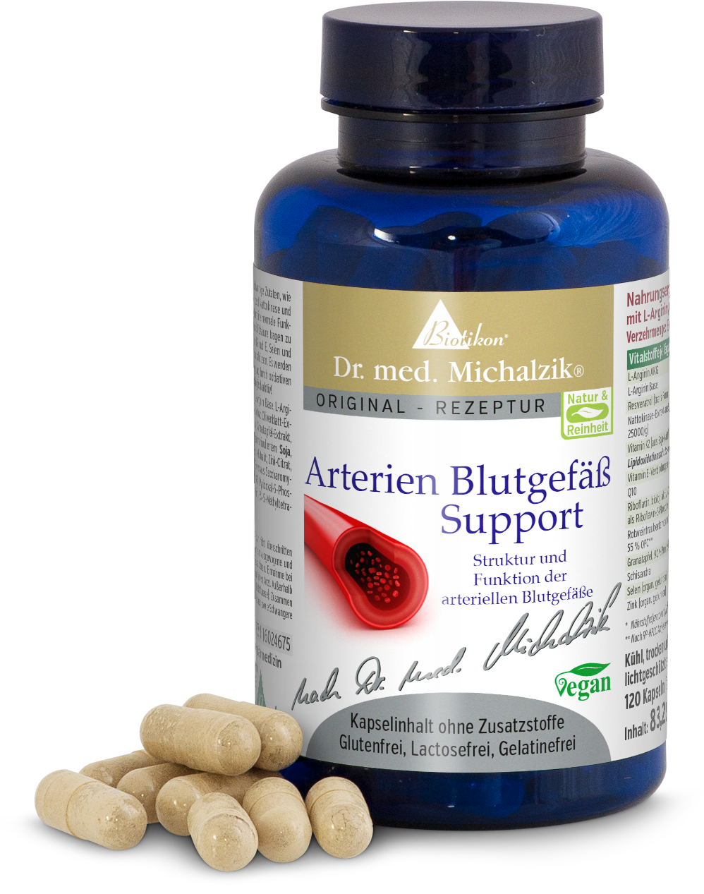 Capsules de soutien des artères – 120 unités Capsules transparentes dans une bouteille bleue, 120 pièces, description du produit visible.