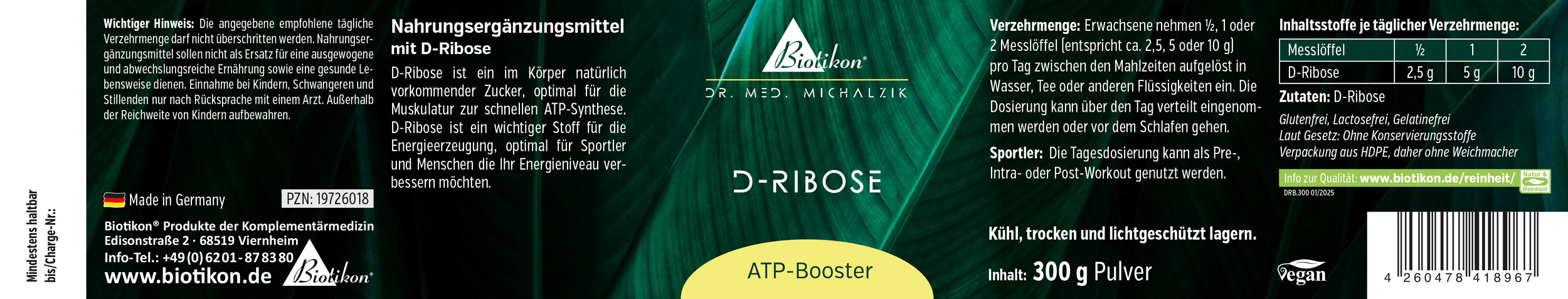 D-Ribose 300g – Poudre Complémentaire Complément alimentaire D-Ribose en poudre de 300g, emballage vert foncé, vue latérale.