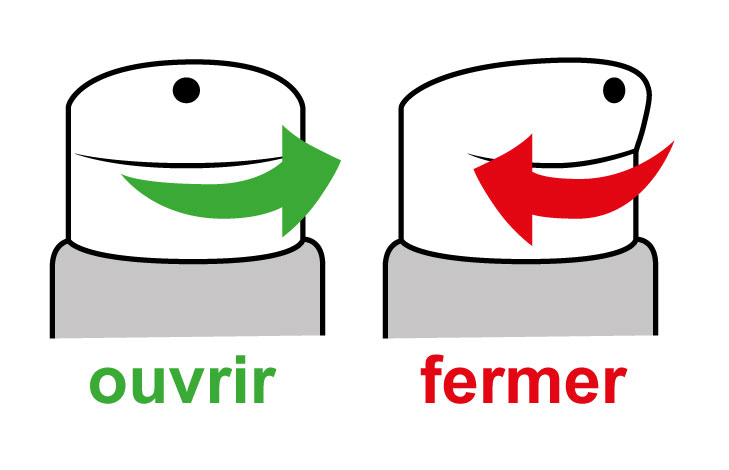 Instructions de Sécurité - Ouvrir et Fermer Illustration d'un fermoir avec des flèches pour ouvrir (vert) et fermer (rouge)