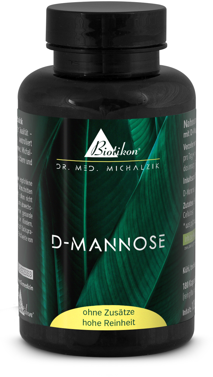 D-Mannose 180 Capsules – Sans Additifs Complément alimentaire D-Mannose dans une bouteille noire, 180 capsules, avec un design de feuille verte.
