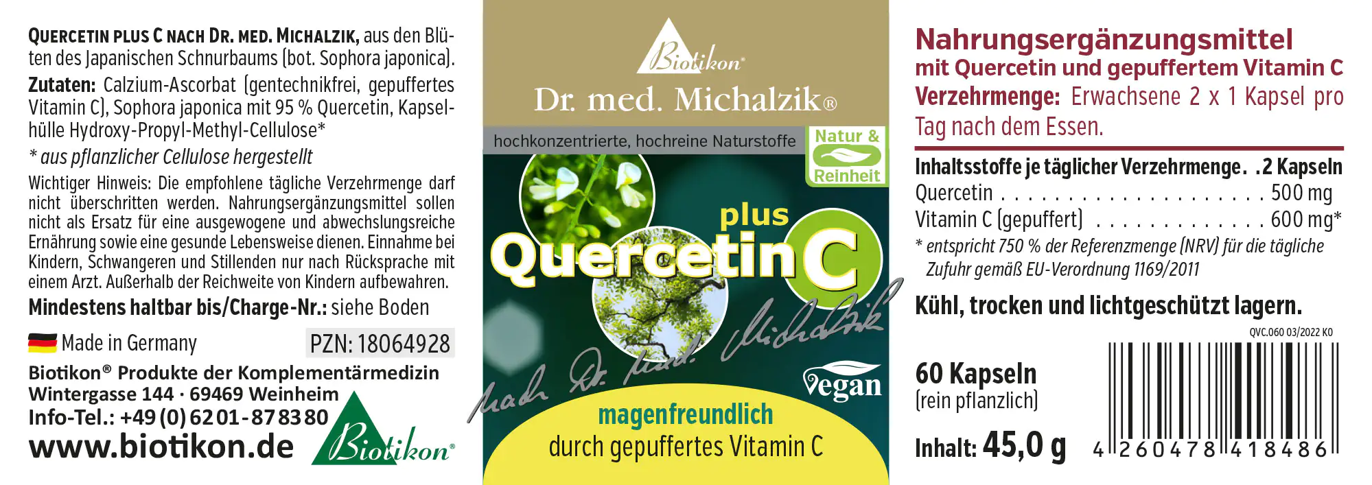 Quercétine C 500 mg – 60 Gélules Complément alimentaire de quercétine plus C, 60 gélules dans un emballage vert, végan et doux pour l'estomac.