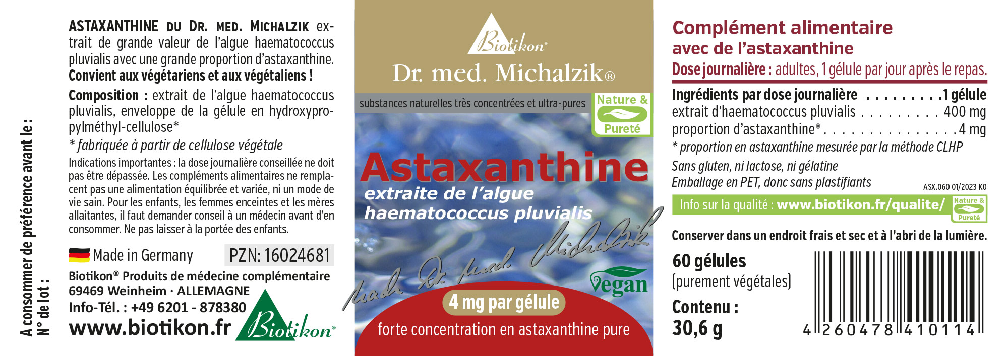 Astaxanthine 4 mg - 60 Capsules Capsules d'astaxanthine, 4 mg par capsule, 60 capsules en emballage PET, végétalien.
