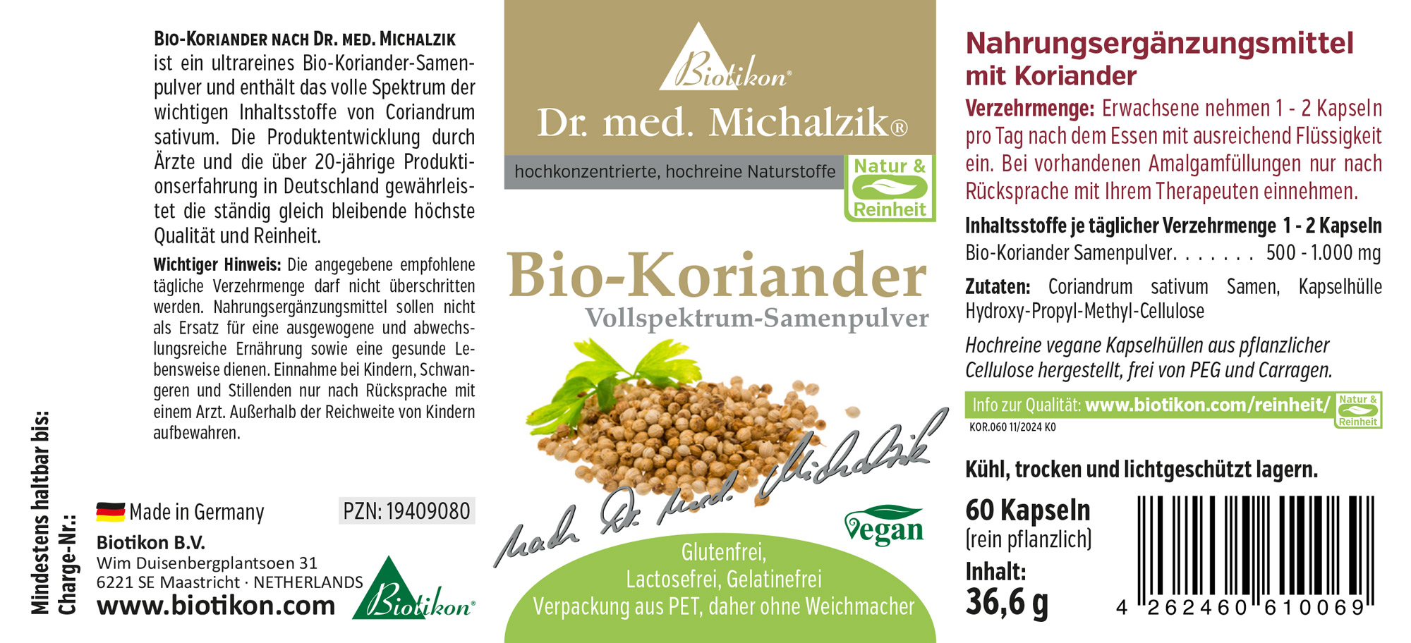 Coriandre Bio 500 mg - Poudre de Graines à Spectre Complet Poudre de graines de coriandre bio en capsules, 60 pièces, emballage vert, vue du produit