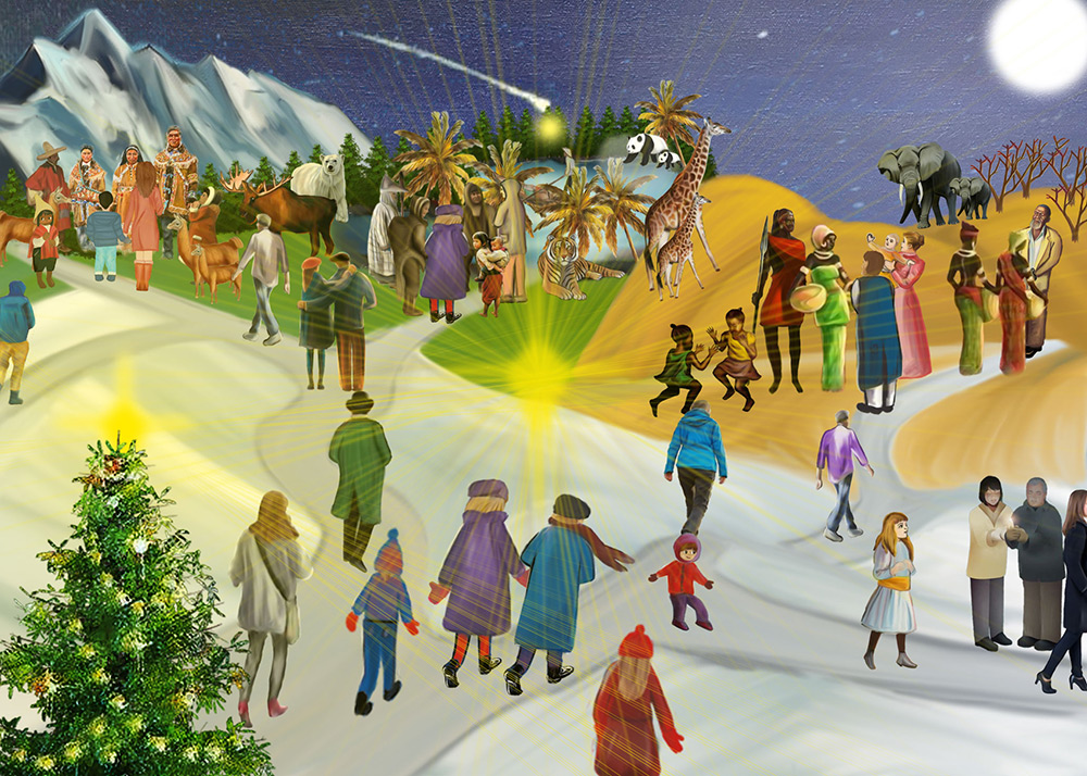 Paysage d'Hiver Coloré - Scènes Festives Une scène hivernale avec des personnes et des animaux, décorations de sapin de Noël au premier plan, affichant diverses activités dans un cadre coloré.