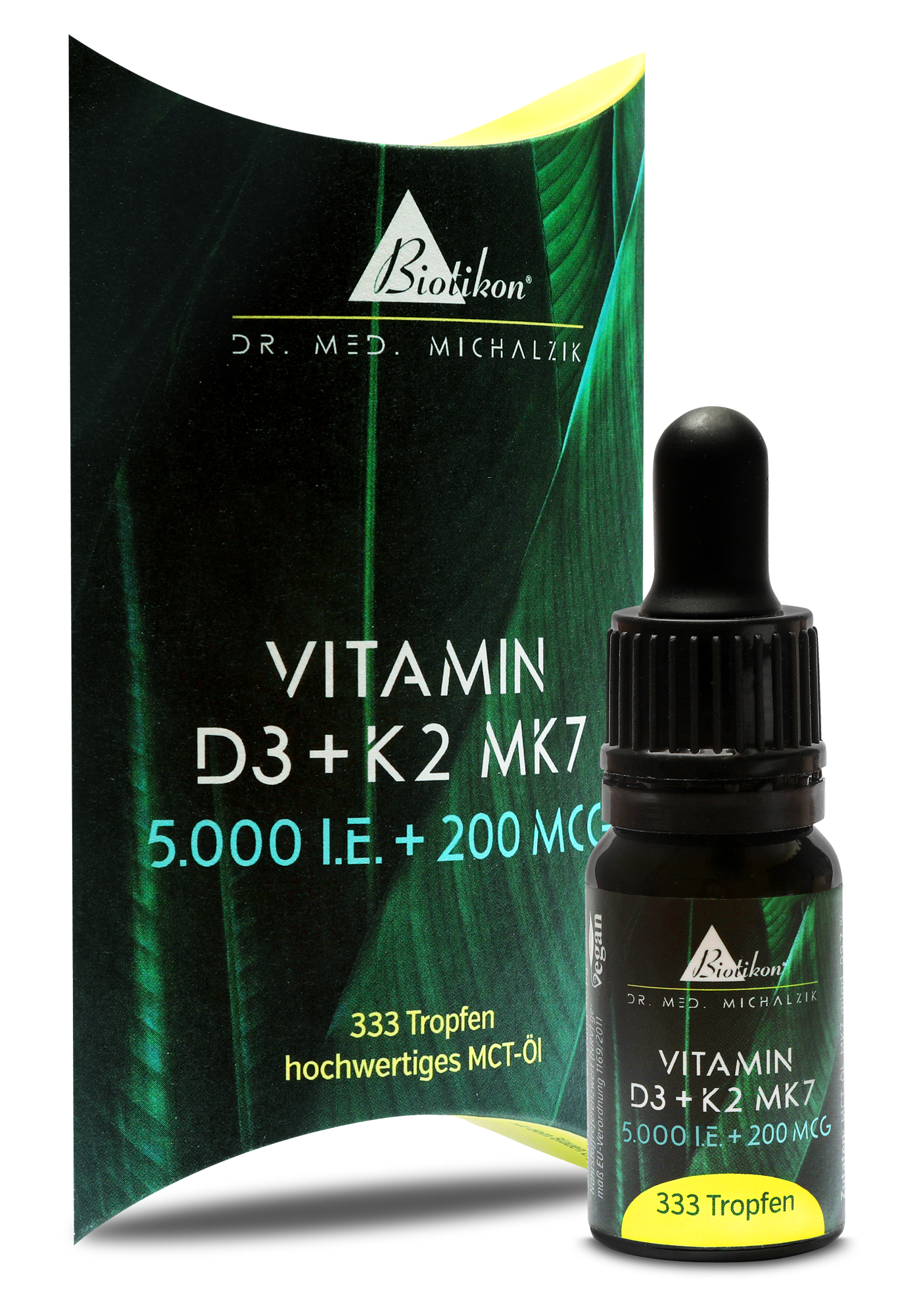 Vitamin D3 + K2 MK7 5000 U.I. – 333 Gouttes Vitamin D3 + K2 MK7 dans une bouteille compte-gouttes sombre, 333 gouttes, emballage en vert et noir.