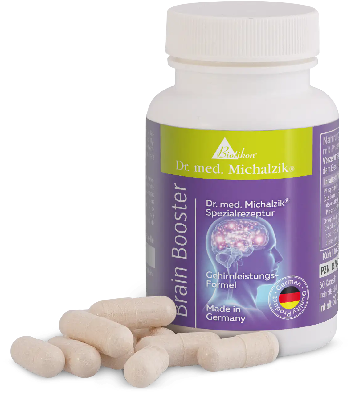 Booster Cérébral – 60 Capsules Capsules Booster Cérébral dans un flacon, formule spéciale pour soutenir la performance cérébrale, 60 capsules blanches.