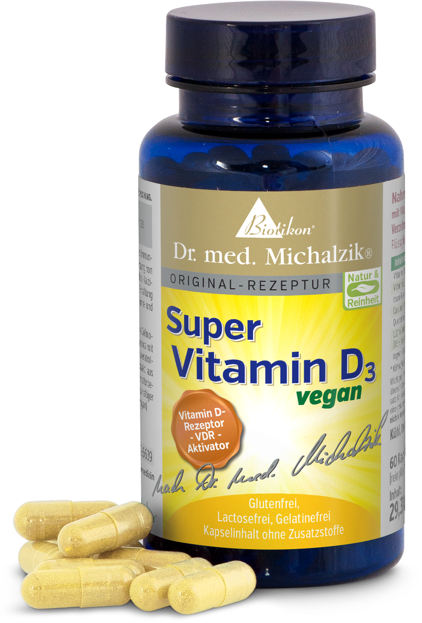 Vitamine D3 2000 UI – Gélules Bouteille de gélules de vitamine D3, 60 unités, gélules jaunes, formule vegan, vue de face.
