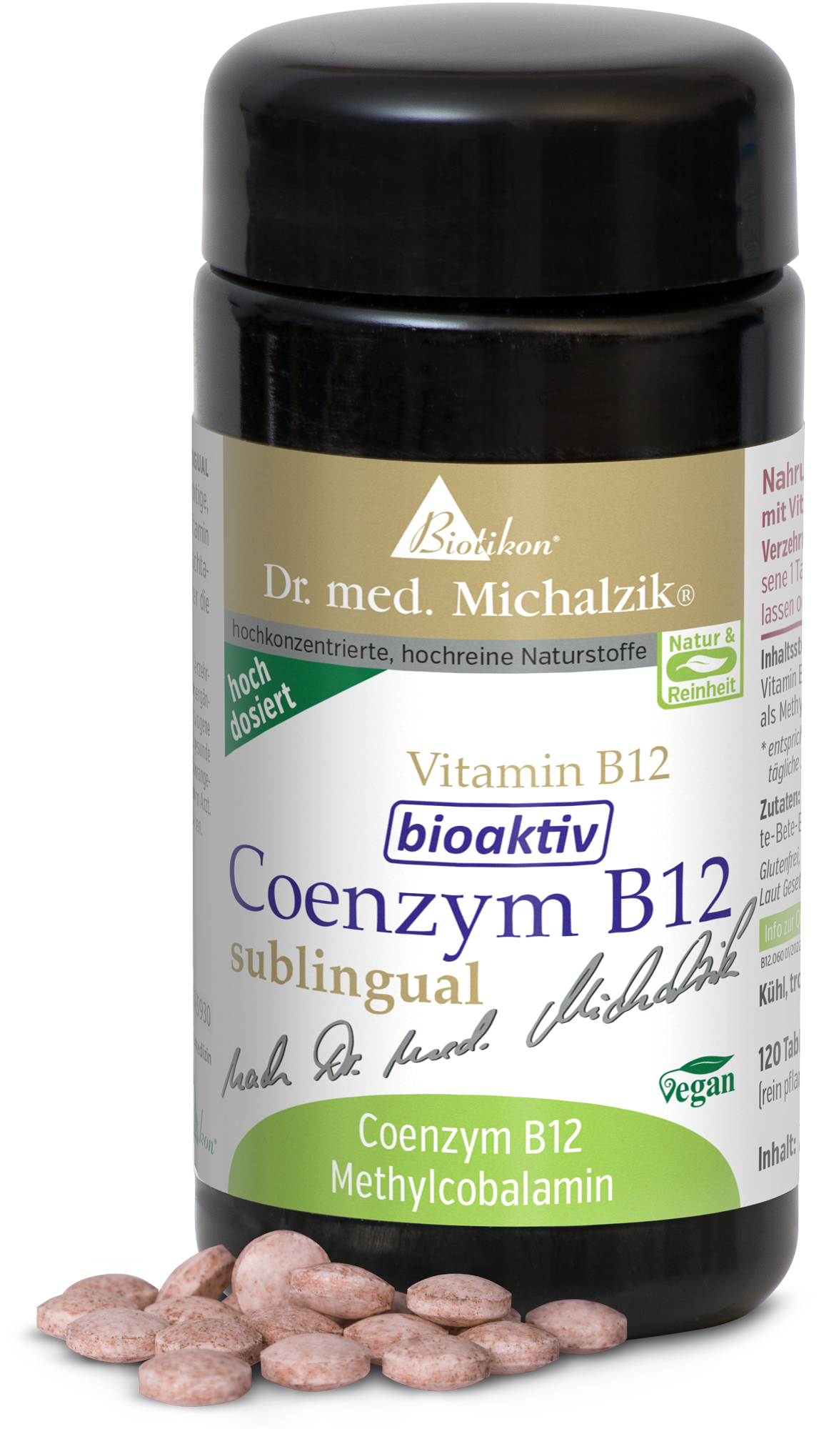 Coenzyme B12 120 Comprimés Sublingues Supplément alimentaire Coenzyme B12 dans une bouteille noire, 120 comprimés sublingues, couleur rose-brun, perspective latérale.