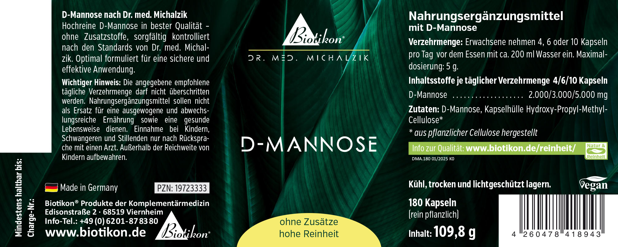 D-Mannose 5000 mg – 180 Capsules Complément alimentaire D-Mannose dans un emballage vert foncé, contenant 180 gélules, d'origine végétale.