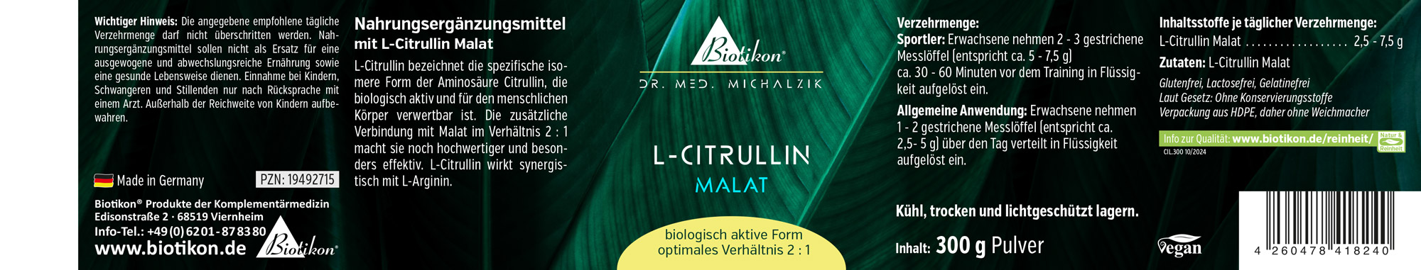L-Citrulline Malate - Poudre de 300g Complément L-Citrulline Malate en poudre de 300g, emballage vert, vue de l'étiquette.
