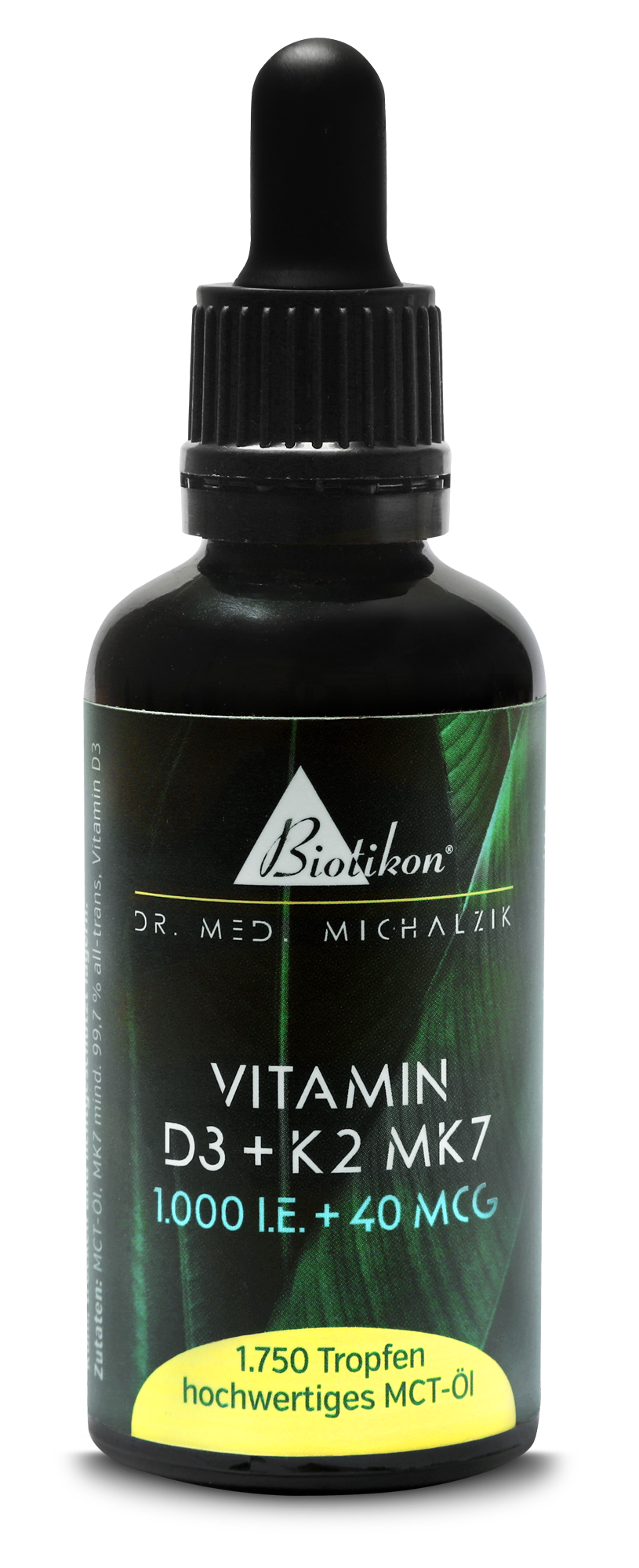 Gouttes de Vitamine D3 + K2 MK7 1000 I.E. Bouteille contenant de la Vitamine D3 et K2 MK7, 1000 I.E. et 40 MCG, 1750 gouttes, couleur foncée, pipette