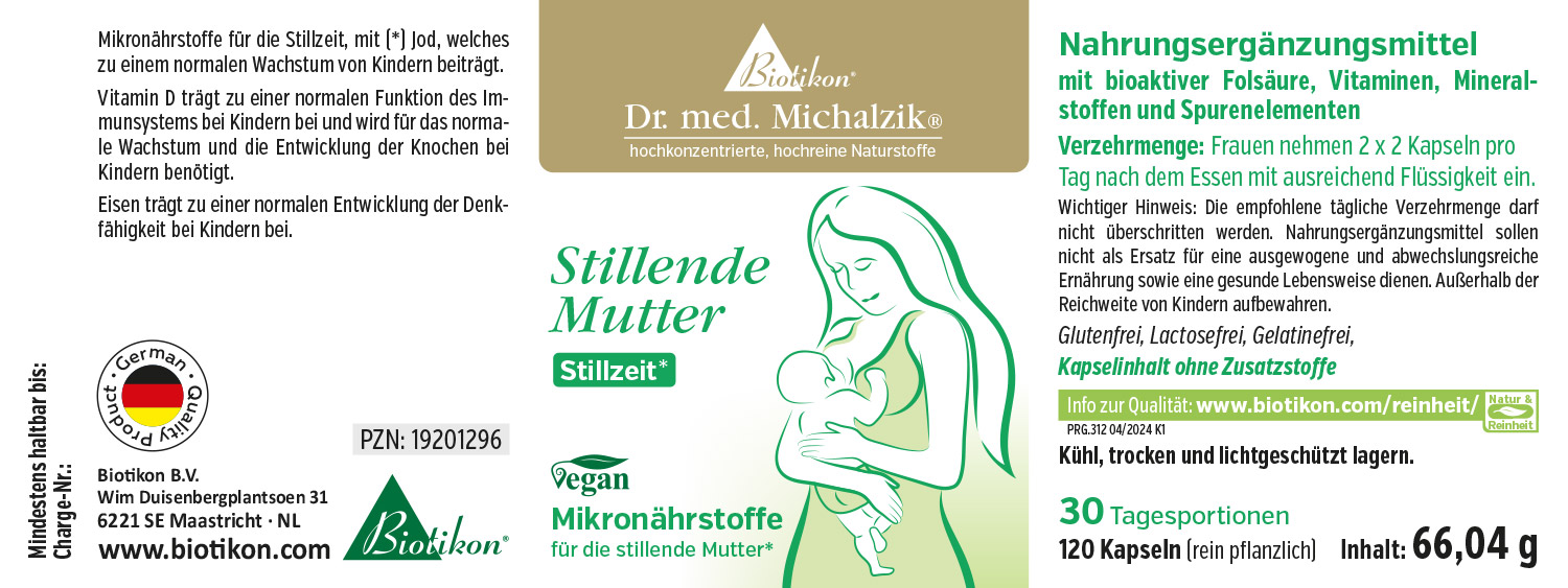 Micronutriments pour Mères Allaitantes - 120 Capsules Complément pour mères allaitantes, 120 capsules végétaliennes, emballage aux couleurs douces, montrant une mère avec son enfant à l'avant.