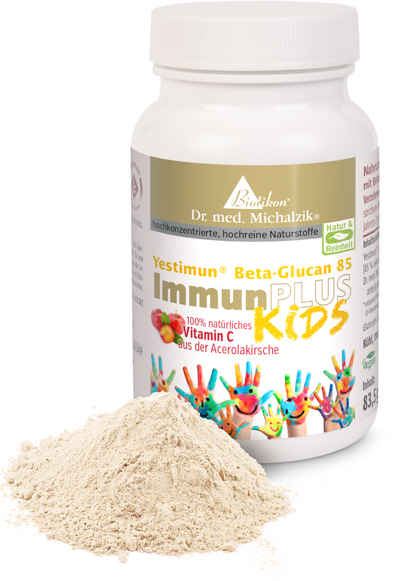 Poudre de vitamine C – 83,5 g Yestimun Beta-Glucan 85 poudre de vitamine C dans une boîte blanche avec décoration d'empreinte colorée, 83,5 g.