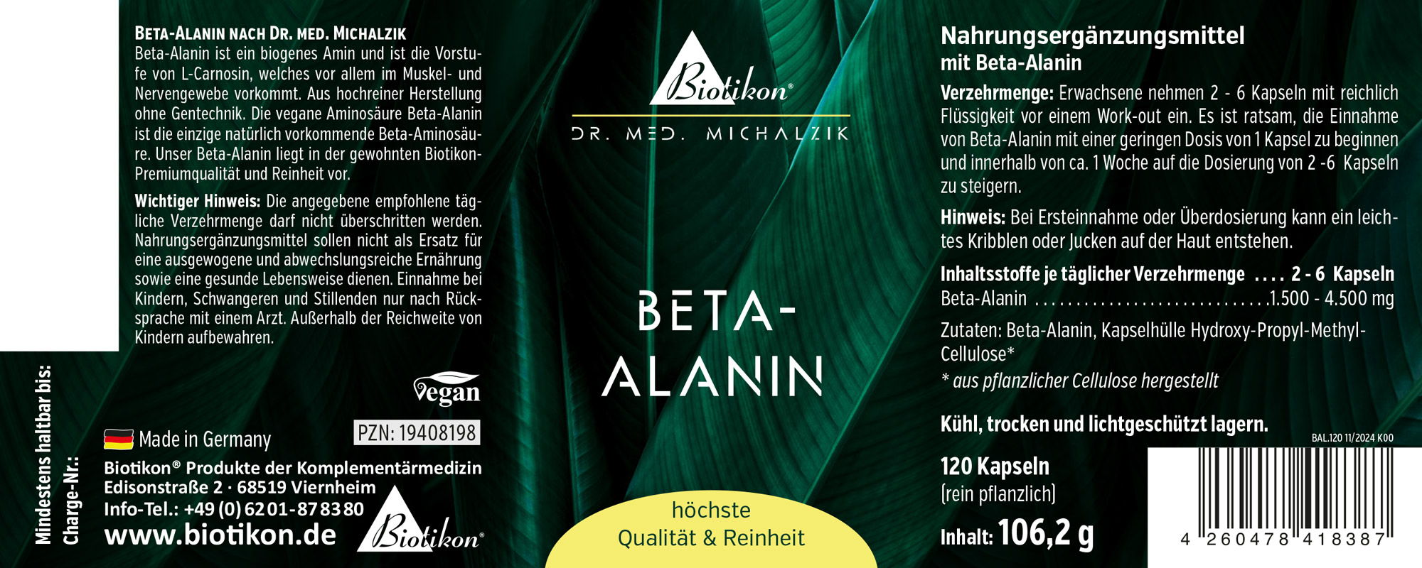 Bêta-Alanine 120 Capsules – Complément Alimentaire Complément alimentaire bêta-alanine, 120 capsules dans un emballage foncé, formule vegan, haute qualité.