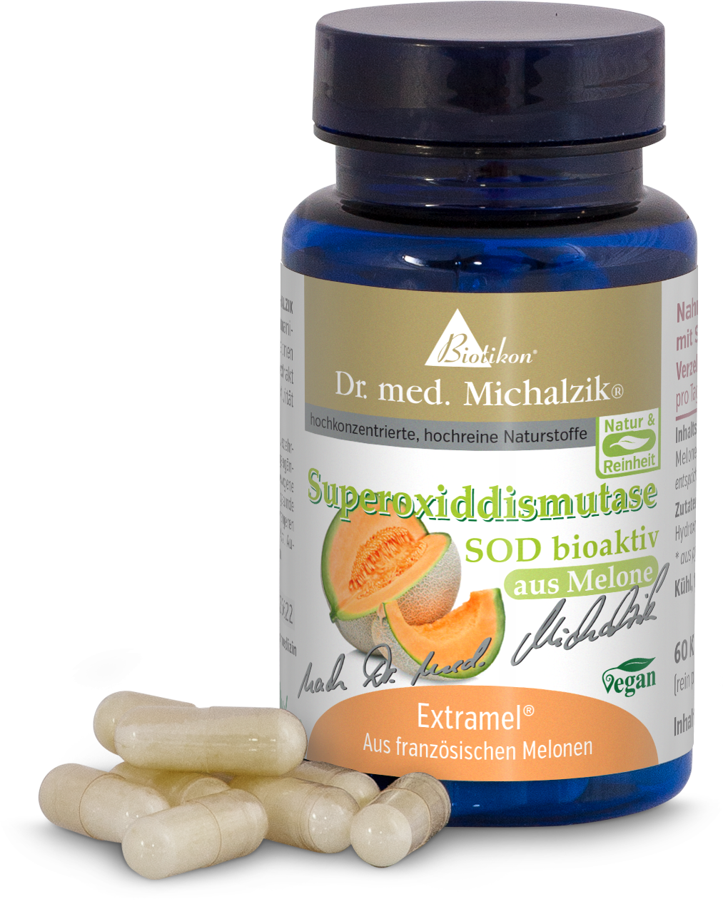 Superoxyde de dismutase 60 capsules – Bioactif de melon Bouteille avec 60 capsules de superoxyde de dismutase, capsules beige clair, emballage bleu, vue de face, vegan.