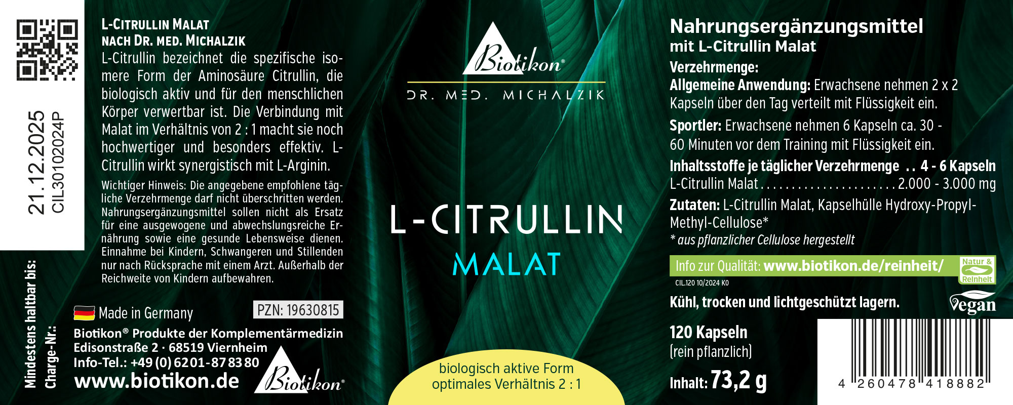 L-Citrulline Malate 120 Capsules Complément alimentaire L-Citrulline Malate en capsules, 120 pièces, emballage vert, vue latérale.