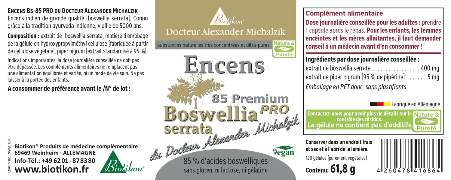 Capsules de Boswellia PRO 400 mg - 85 Comptes Capsules de Boswellia PRO, 85 pièces dans un emballage PET transparent, utilisant de la gélatine végétale.