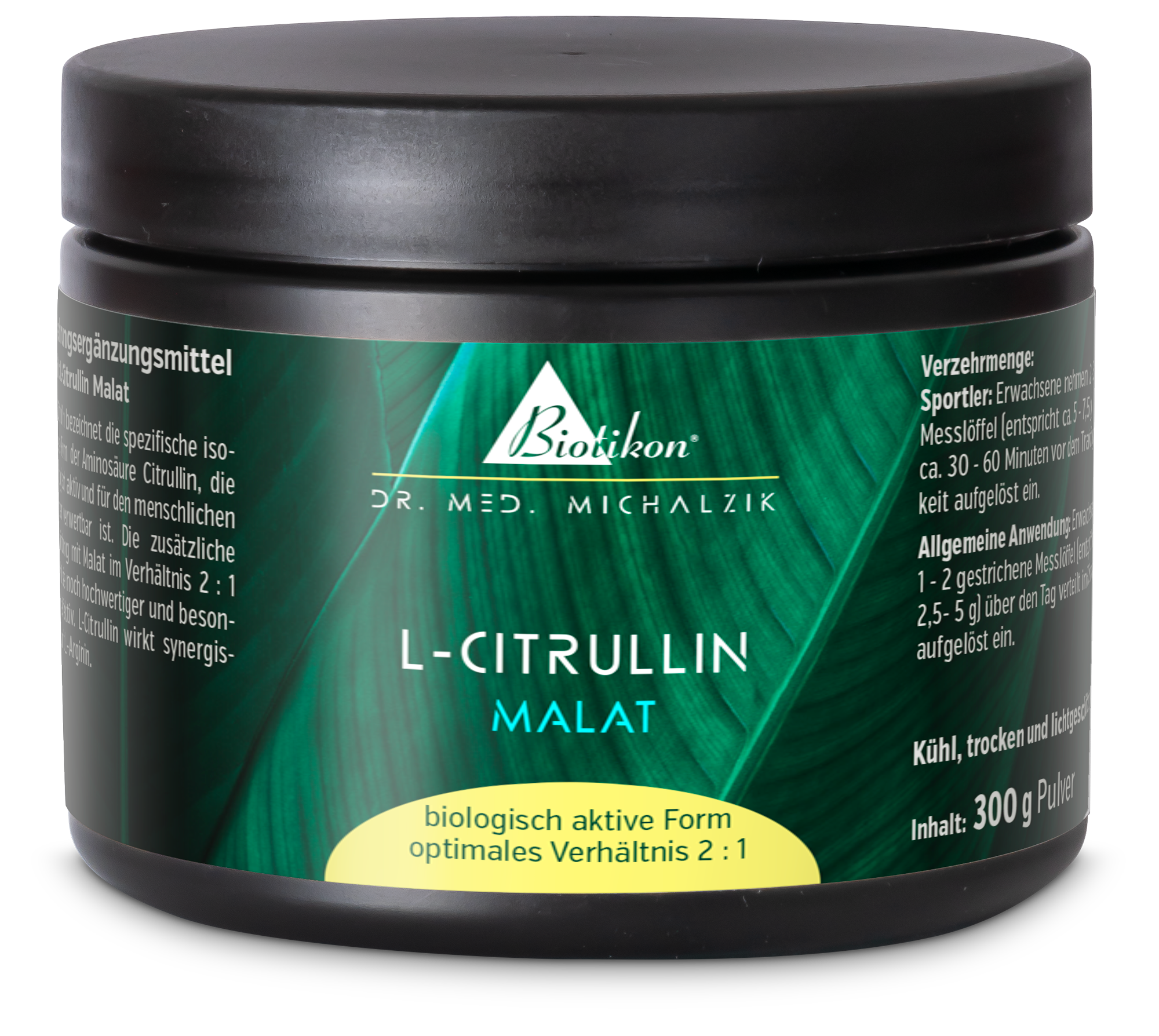 Malate de L-Citrulline – Poudre de 300 g Conteneur noir avec Malate de L-Citrulline, poudre de 300 g, emballage vert, vue de face.