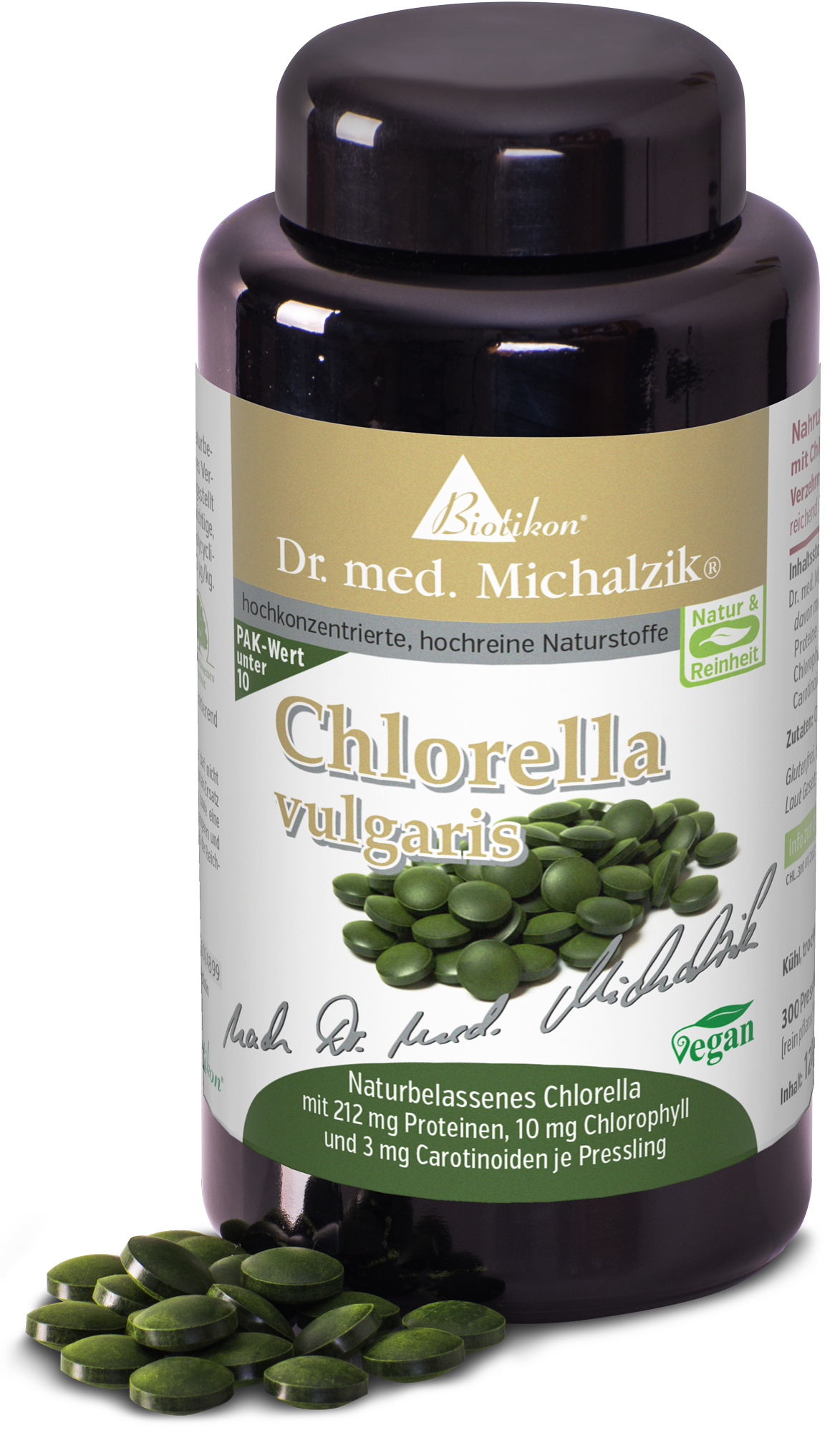 Chlorella Vulgaris – 300 Comprimés Bouteille de comprimés Chlorella Vulgaris, 300 pièces, couleur verte, vue de face.