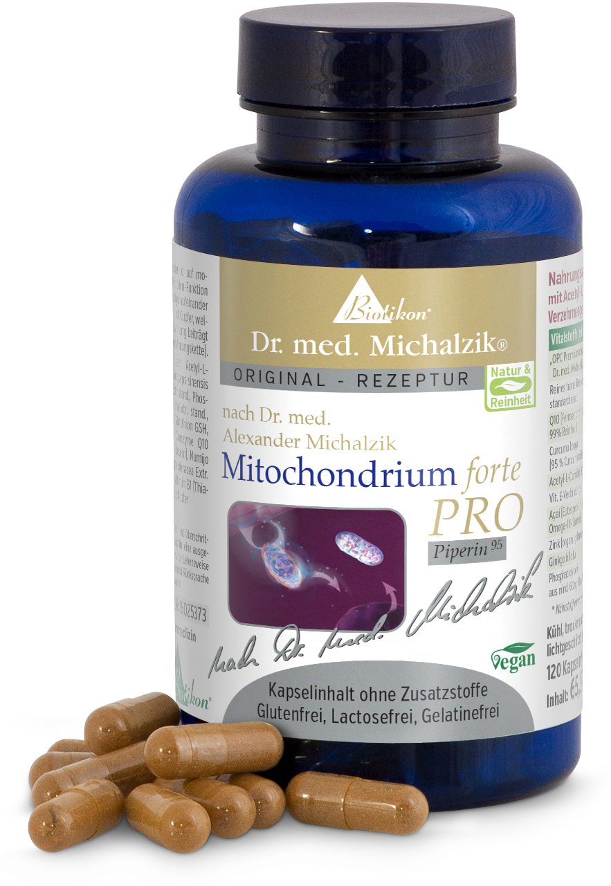 Mitochondrium forte PRO – 120 Gélules Mitochondrium forte PRO dans une bouteille bleue, 120 gélules, végan, sans additifs, gélules brunes au premier plan.