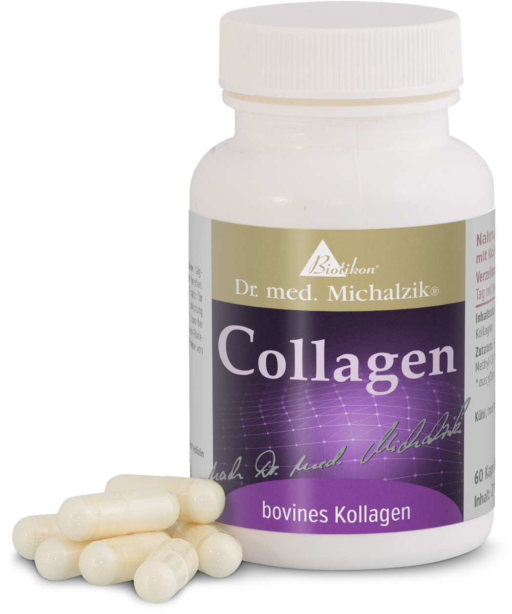 Collagène bovin 90 capsules – Complément alimentaire Collagène bovin en capsules blanches, 90 pièces dans une bouteille en plastique avec étiquette violette.