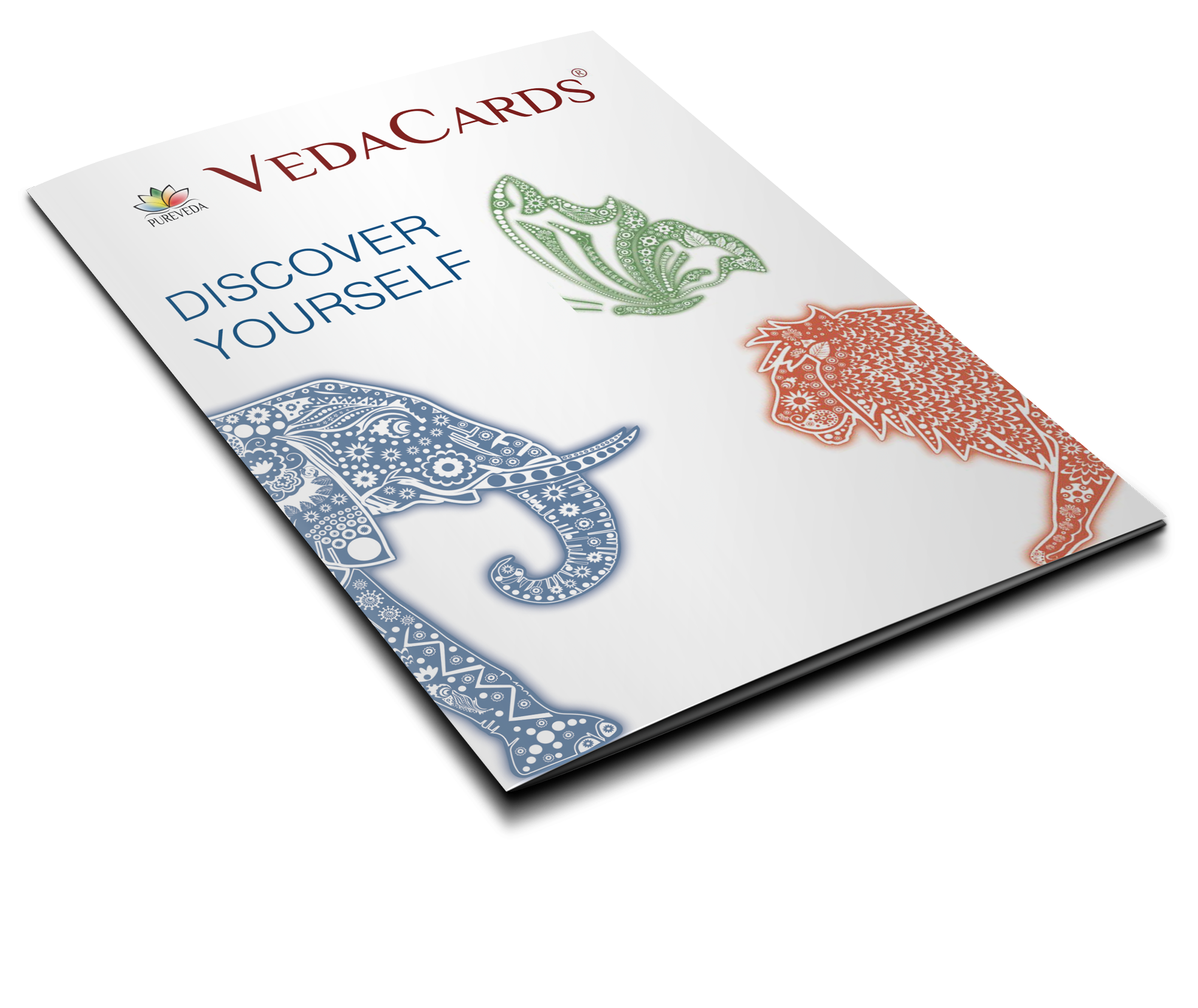 VedaCards – Découvrez-vous Couverture du produit VedaCards montrant un éléphant et un lion, colorée et artistique.