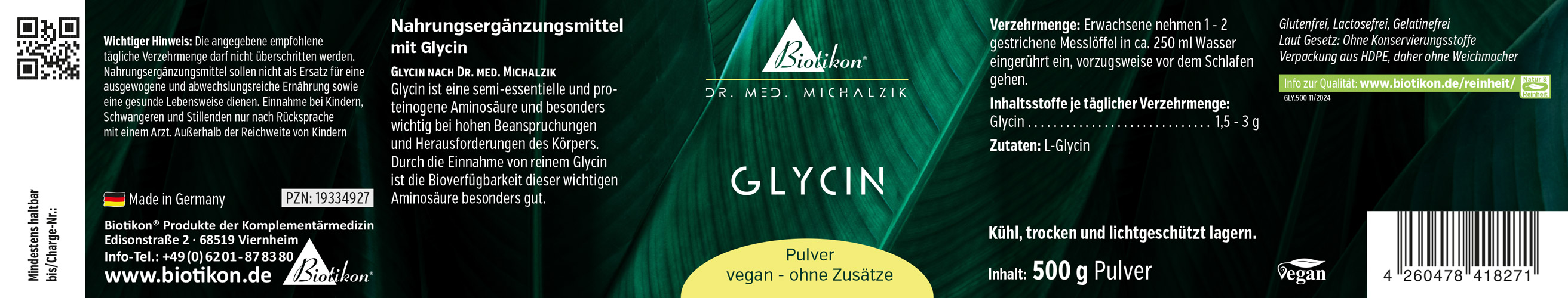 Poudre de Glycine – 500 g, Complément Vegan Complément alimentaire de glycine en poudre de 500 g, vegan, sans additifs, dans un emballage vert.
