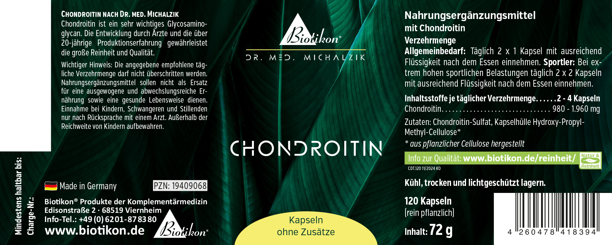 Chondroïtine 120 Capsules - Complément Alimentaire Complément alimentaire de chondroïtine dans un emballage noir avec des feuilles vertes, 120 capsules, d'origine végétale, vue de face.