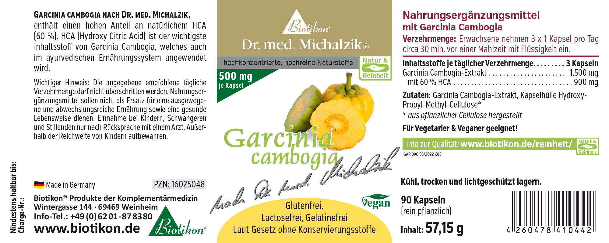 Garcinia Cambogia 500 mg – Capsules Complément alimentaire Garcinia Cambogia, 90 capsules, emballage jaune, texte facile à lire.