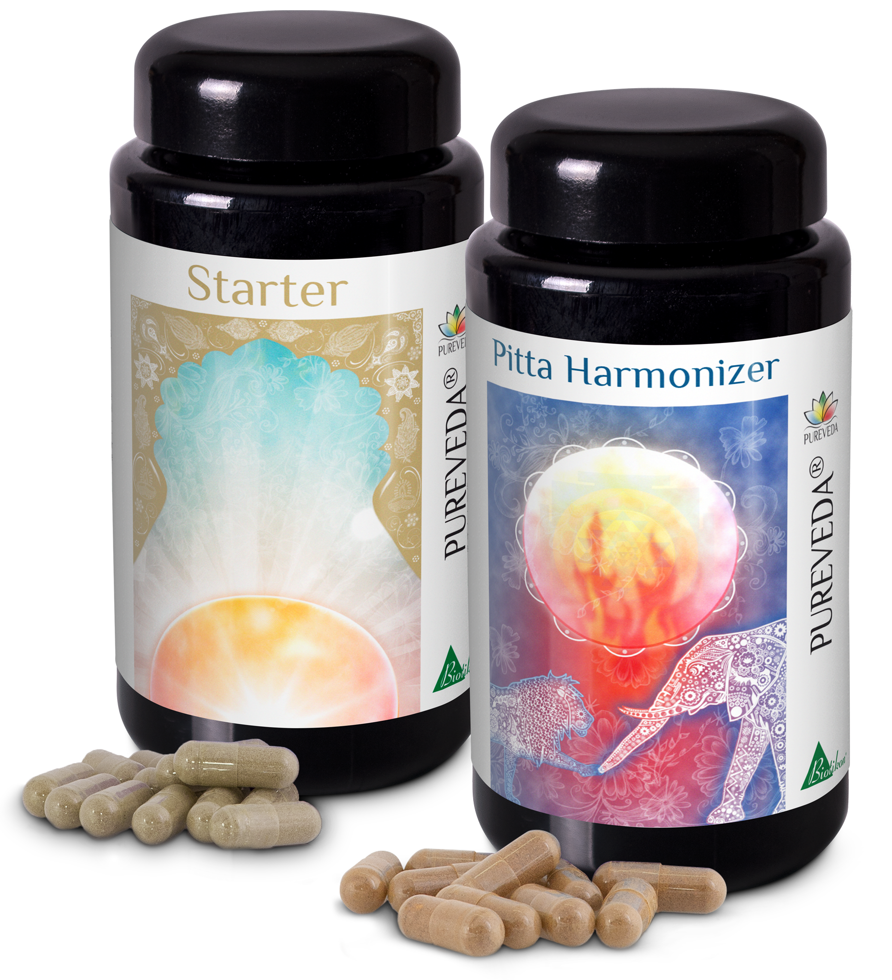 Capsules Ayurveda – Starter & Harmoniseur Pitta Deux pots de capsules noirs, l'un étiqueté 'Starter' et l'autre 'Harmoniseur Pitta', à côté de capsules beiges.