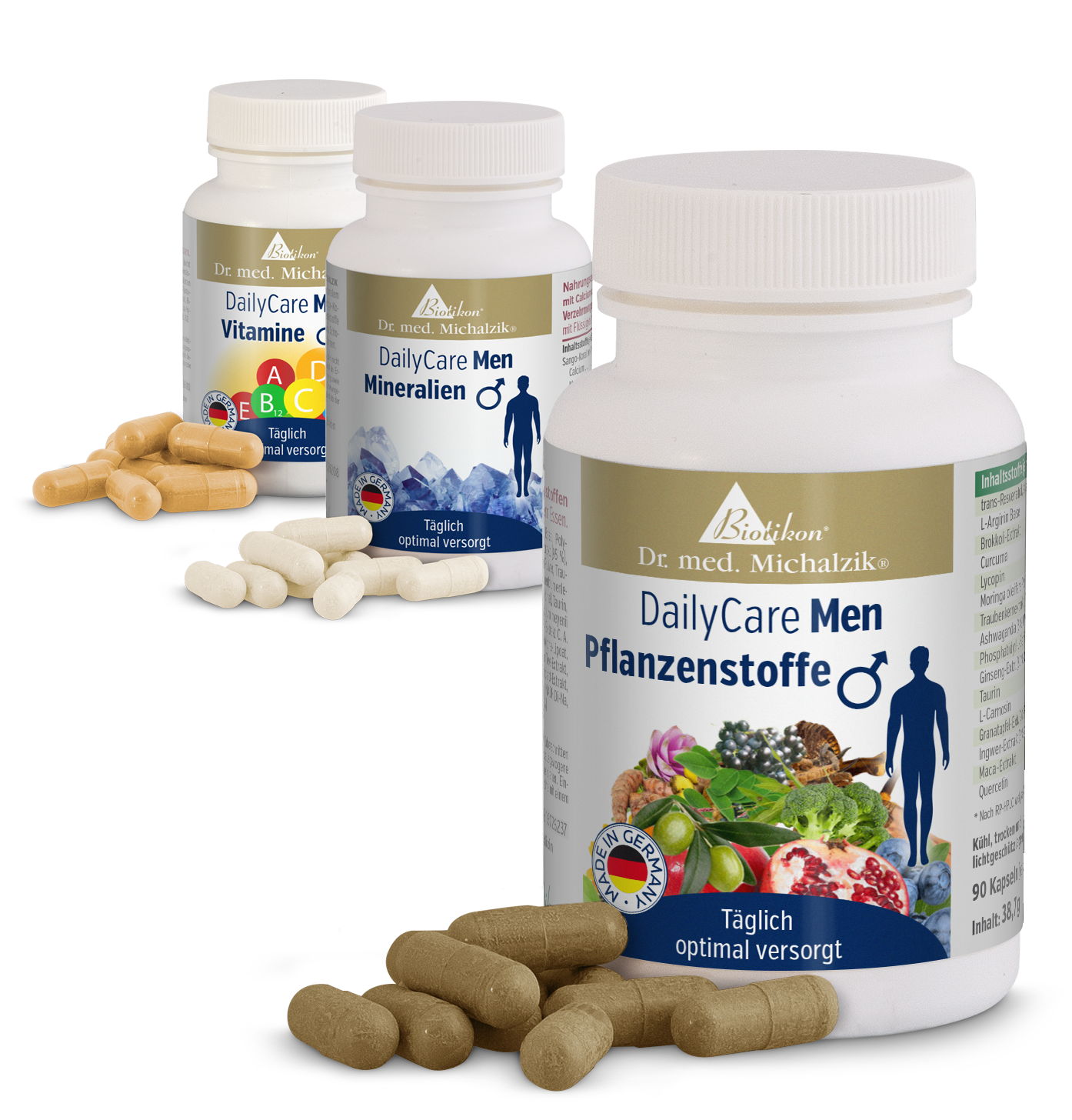 Ensemble DailyCare pour Hommes avec 3 Boîtes Trois compléments alimentaires pour hommes en capsules beige, blanc et marron, différents ingrédients, emballage visible.